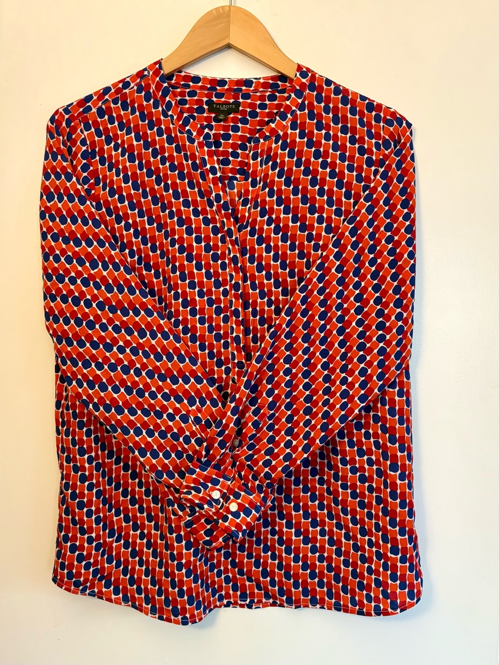 Talbots Red and Blue Geometric Button-Front Shirt SZ L Petite